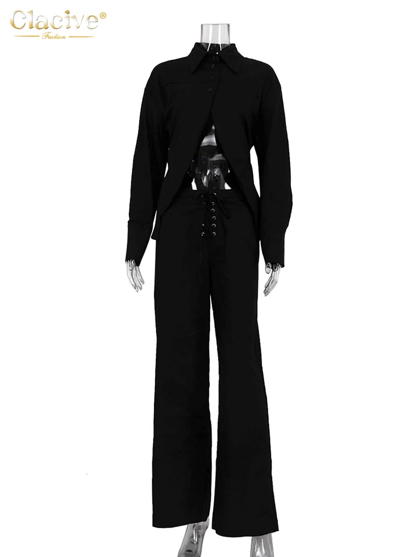 Clacive Fashion Loose White Linen Womens Two Pieces Set Elegant Long Sleeve Shirt With Mid Waist Wide Pants Set Streetwear 260305