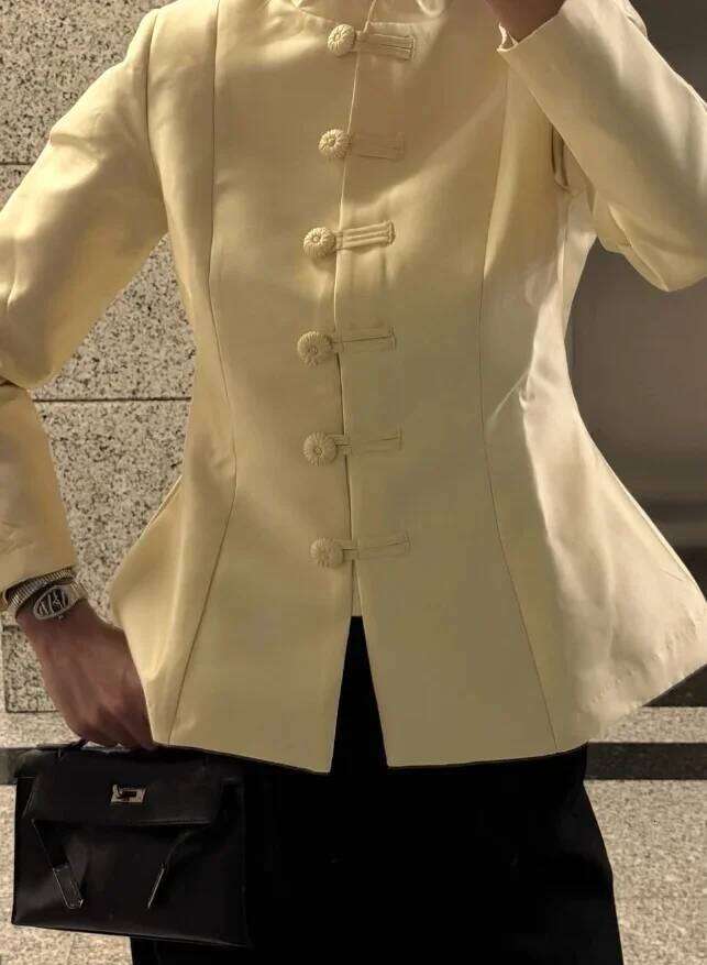 Elegant Satin Knot Button Short Coat Women Full Sleeve Waist Cinching Single Breasted Jacket 2026 Lady Spring Commute Outerwear Asia Size