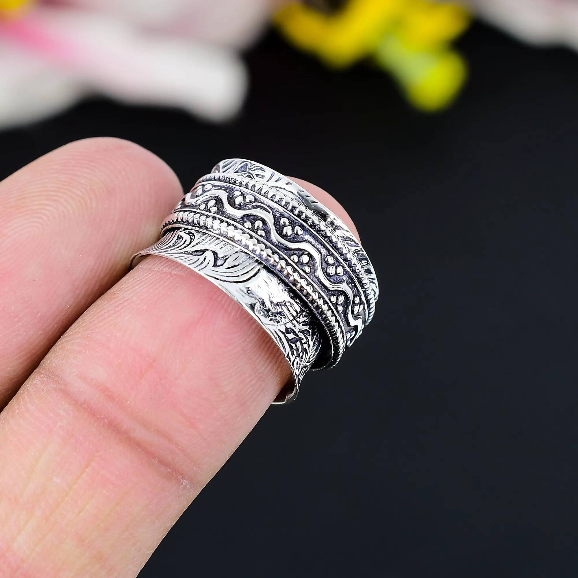 Handmade Solid German Silver Christian Boho Engagement Spinner Ring Zircon Resizable for Wedding Party Unisex Meditation Band