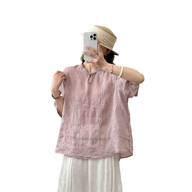 Summer women's casual loose jacquard linen shirt women's new Chinese short sleeved summer women's versatile top