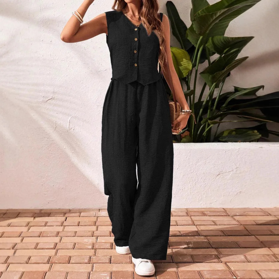 Summer Cotton Linen Women V-Neck Vest Front Button Vest Trousers Casual Suit Women Short Vest Top Pants Two Peice Set 260304
