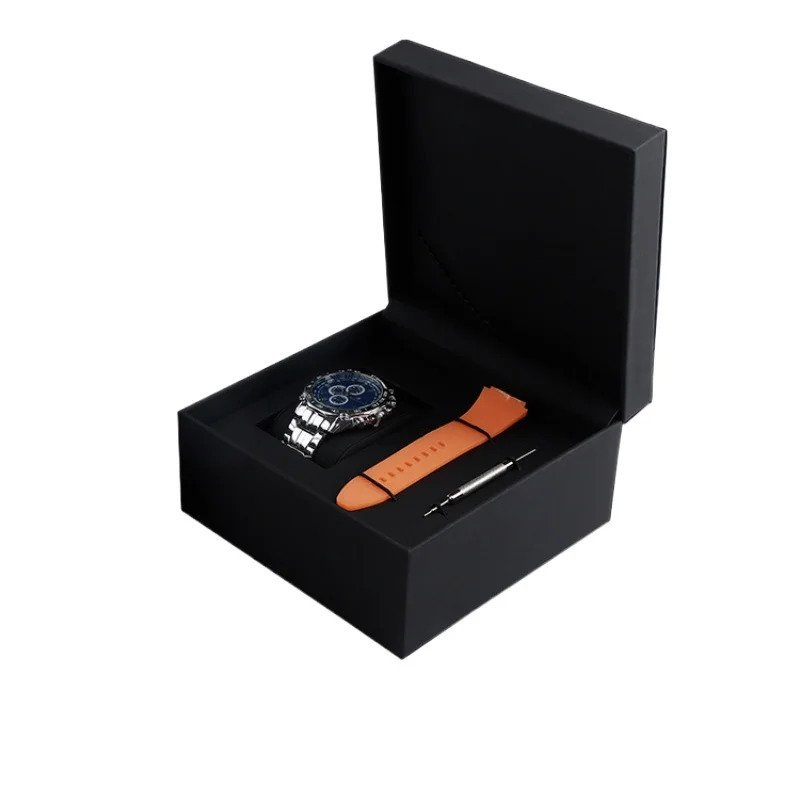 Black Watch Case Box with Strap and Adjuster Tool Slot PU Leather Flip Black Watch Jewelry Packaging Box Free Customization 260304