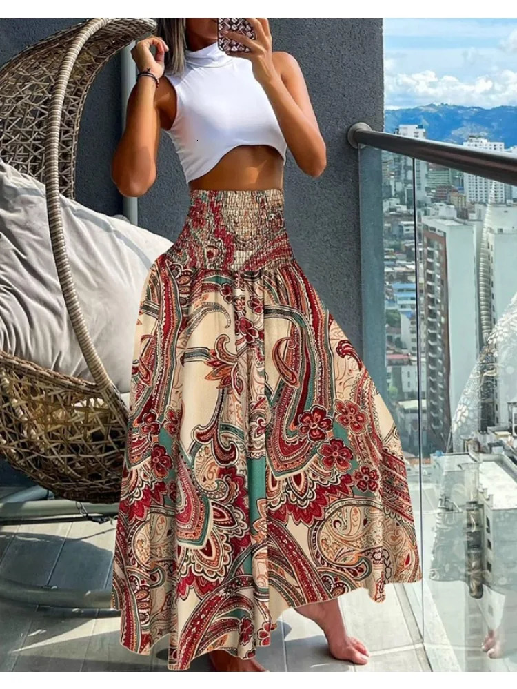 Women Fashion Floral Print Folds Bohemian Elastic High Waist Skirt Ladies Knee-Length Long Skirts For Women 260306