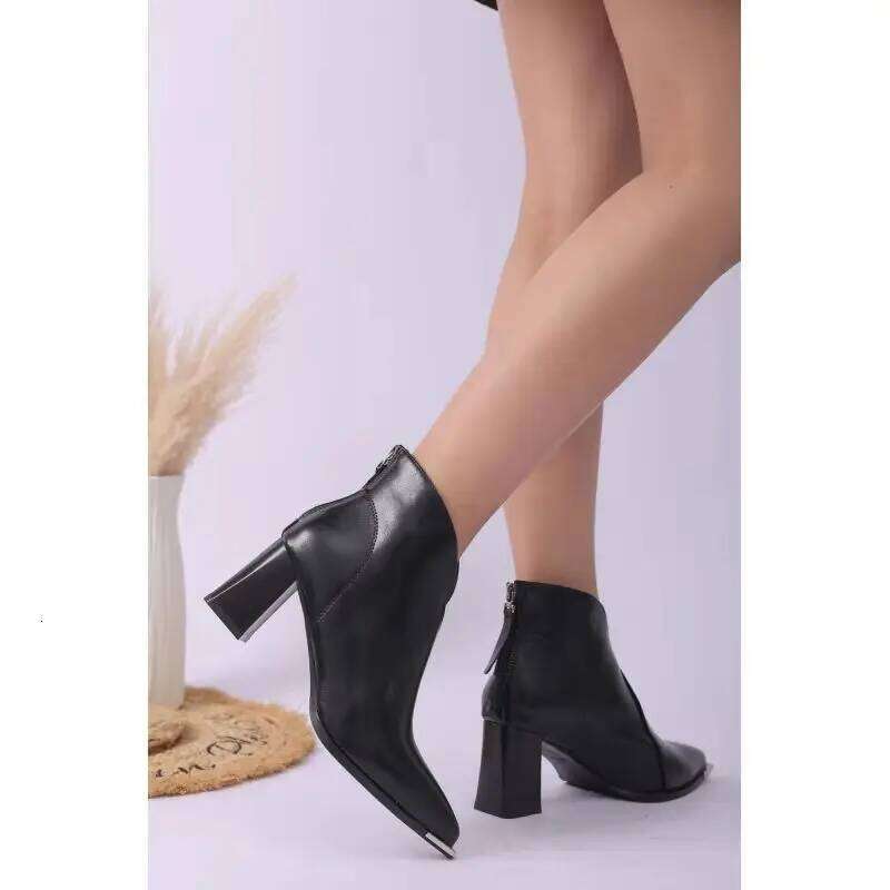 2026 Pointed Toe Ankle Boots Fashion Back Zippers Short Botas Ladies Elegant Square High Heel Women's Footwear