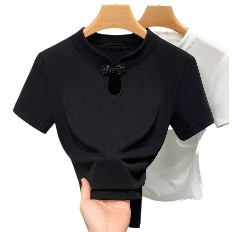 New Chinese style solid color hollow temperament top female retro short sleeve design sense T-shirt Chinese style buckle top versatile commuting offic