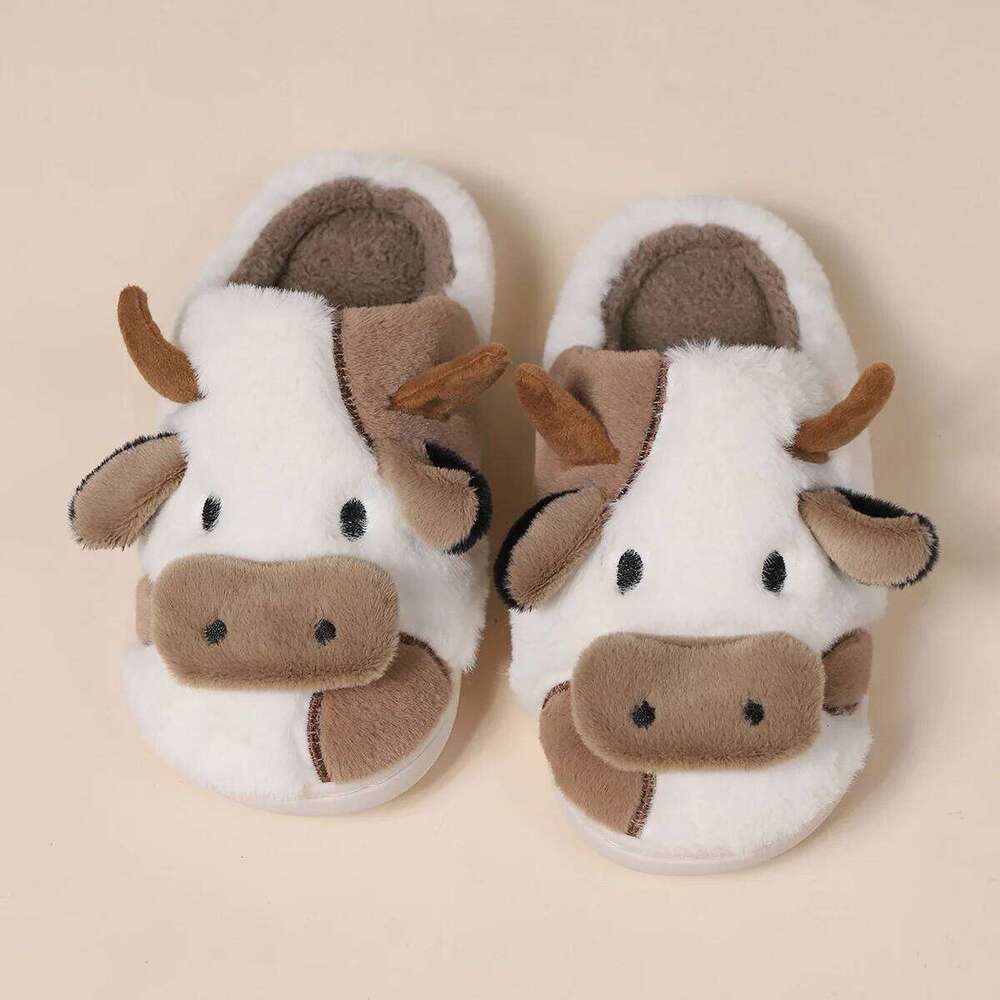 Litfun Plush Milk Cow Women Winter Home Cute Furry Anti-slip Fluffy Bedroom Slides Fur Cartoon Slippers