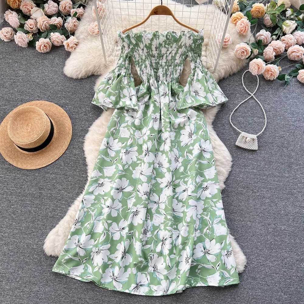 YuooMuoo Chic Fashion Floral Print Women Dress 2025 New Summer Y2K Off Shoulders Flare Sleeve Long Dress Vacation Beach Vestidos X260306