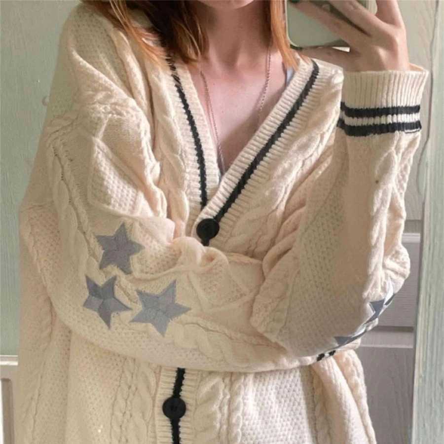 Autumn and Winter Solid Color Long Sleeved Cardigan Star Embroidery Soft Single Breasted Button Fashion Sweater Jacket M260306