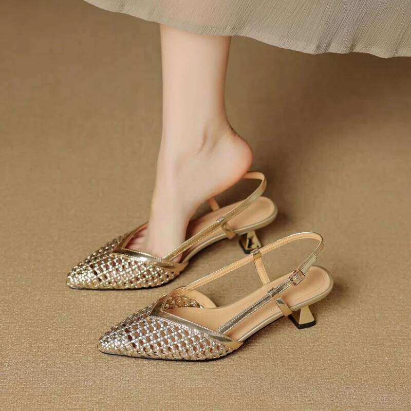 New Gold Hollow Thin Strip Heels for Women Luxury Pointed Toe Heeled Pumps Office Lady Mules Summer Stiletto Shoe Sandals 2026