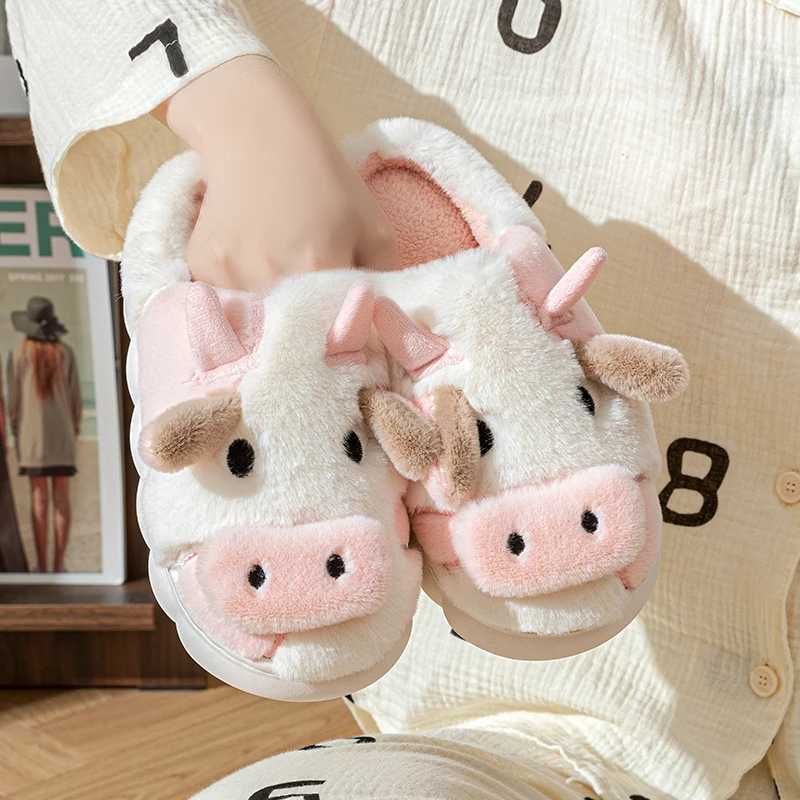 Cute Cow Plush Slippers for Women Men Warm Fuzzy Animal Slippers Indoor Outdoor Cozy Home Shoes S260305