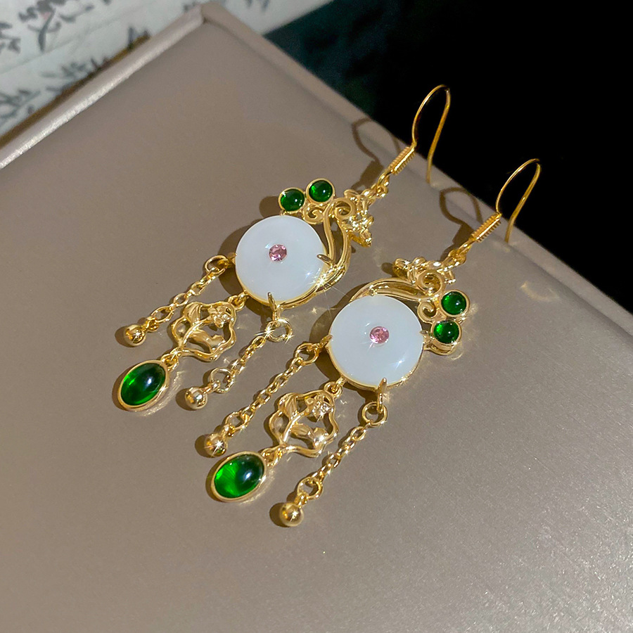 New Chinese-style geometric floral tassel with diamonds, light luxury high-end feel, fashionable and elegant earrings for women