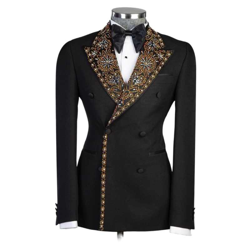 Shiny 2 Pieces Crystals Men Suits Blazer Pants Double Breasted Peaked Lapel Classic Fit Formal Prom Wedding Groom Customized