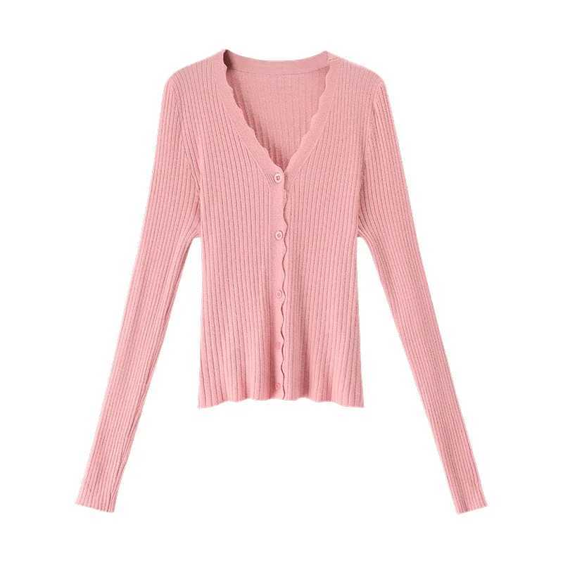 Women Ribbed Crew Neck Cardigan Sweater Pastel Pink Long SLeeve Fitted Crop Knitted Jacket Spring Fall M260306