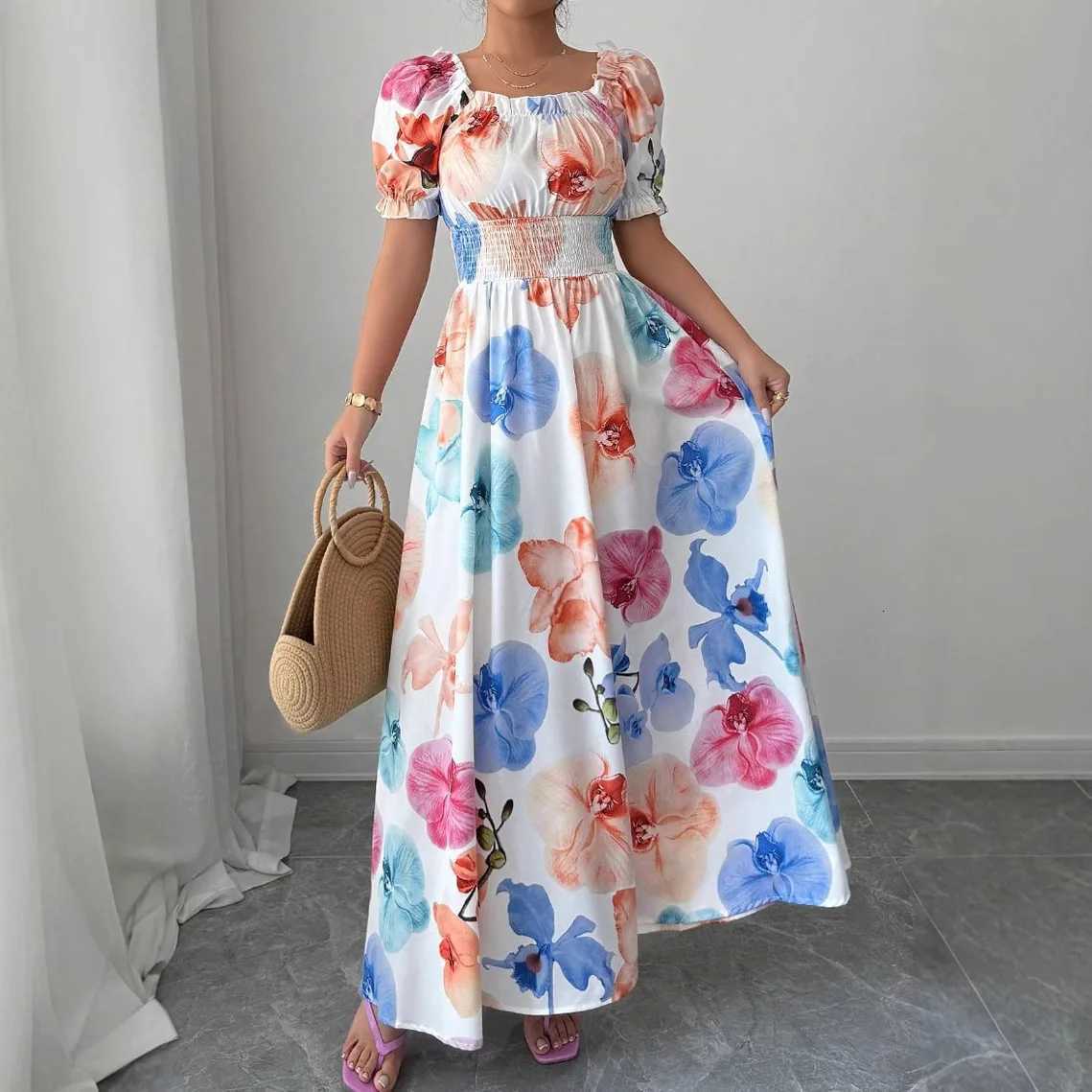 Summer Womens Dress High Waist Pastoral Fashion One-line Collar Puff Sleeves Flower Print Holiday Beach Date Female Long Dress X260306