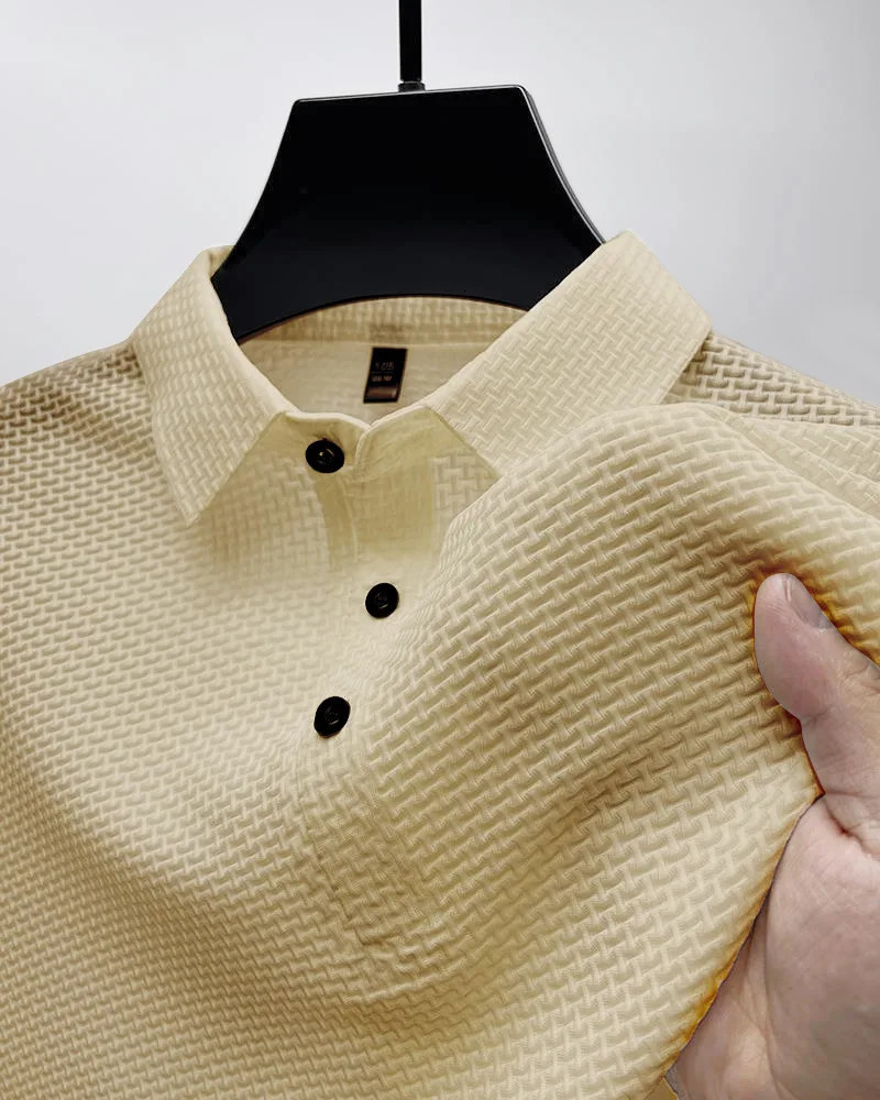 high-end fabric fashion casual mesh ice silk short sleeve lapel T-shirt mens summer solid color comfortable knit polo shirt 260304