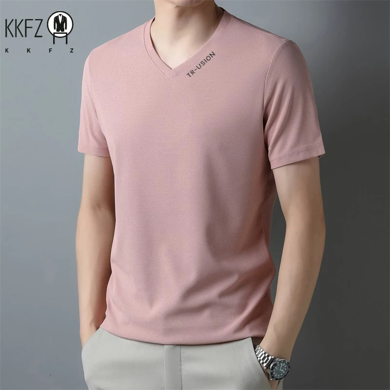 Mens Casual and Fashionable Vneck Solid Color Short Sleeved Tshirt Breathable Comfortable Summer Versatile Top 260302