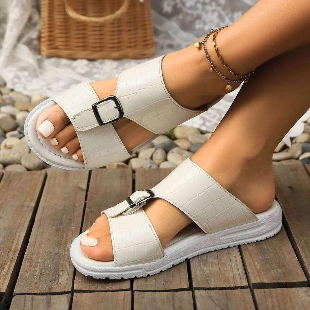 2025 Casual Sandals Women Leather Metal Ankle Buckle Strap Summer Beach Ladies Low Heel Sport Shoes Handmade