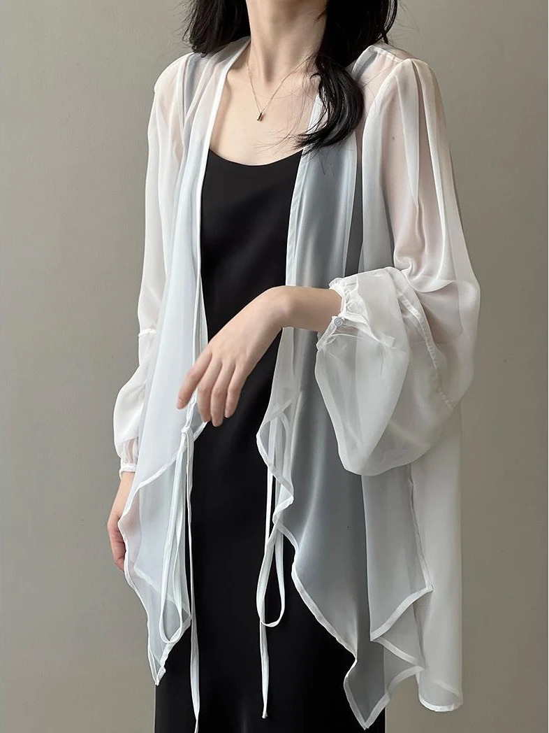Shirts Women V-neck Loose Long Sleeve Open Stitch Korean Style Lace-up Simple Solid Summer Chiffon Breathable Minimalist Stylish 260306