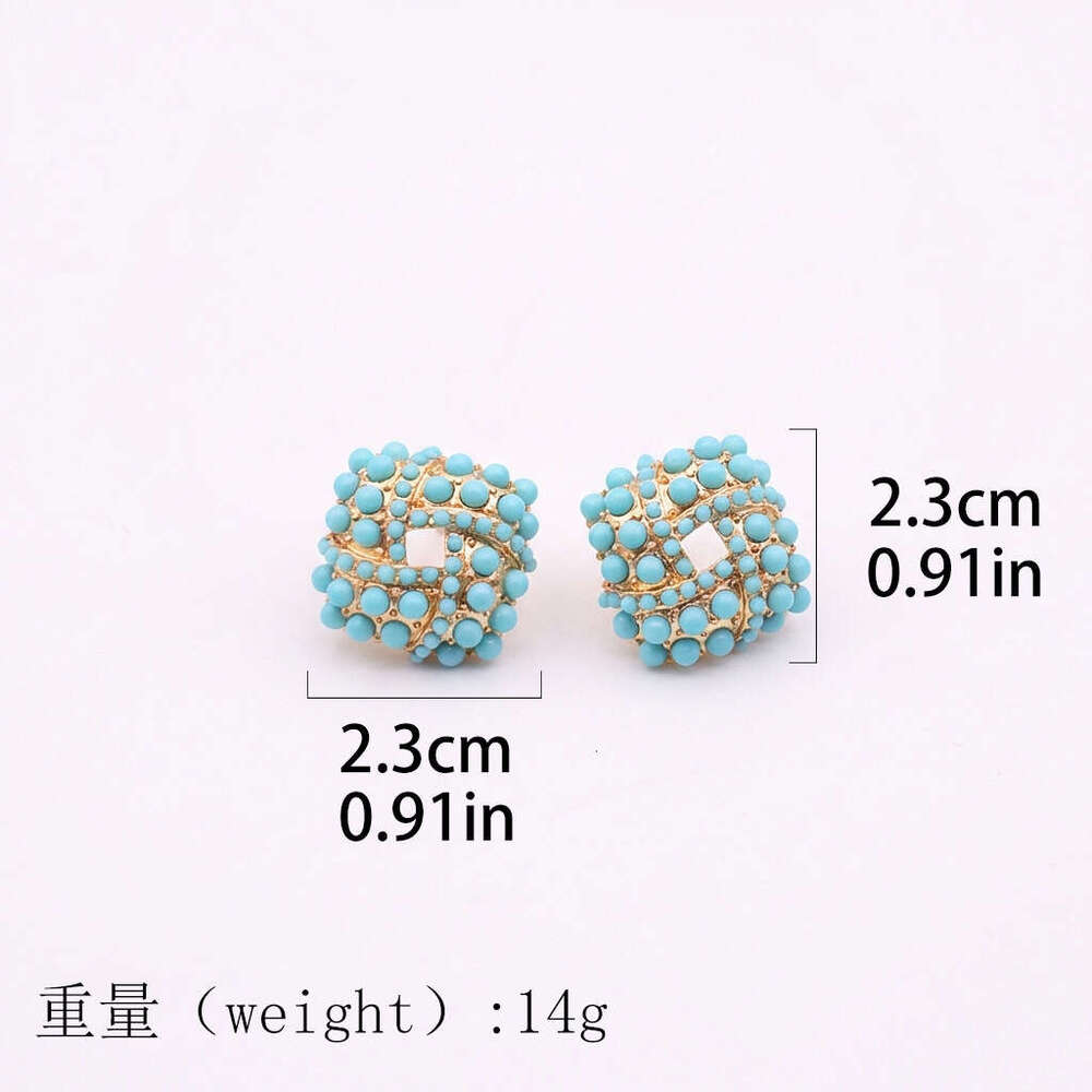 Vintage Square Turquoise Earrings Geometric Beads And Silver Studs Niche Design With A High-End Feel Women's Accessories High-Quality