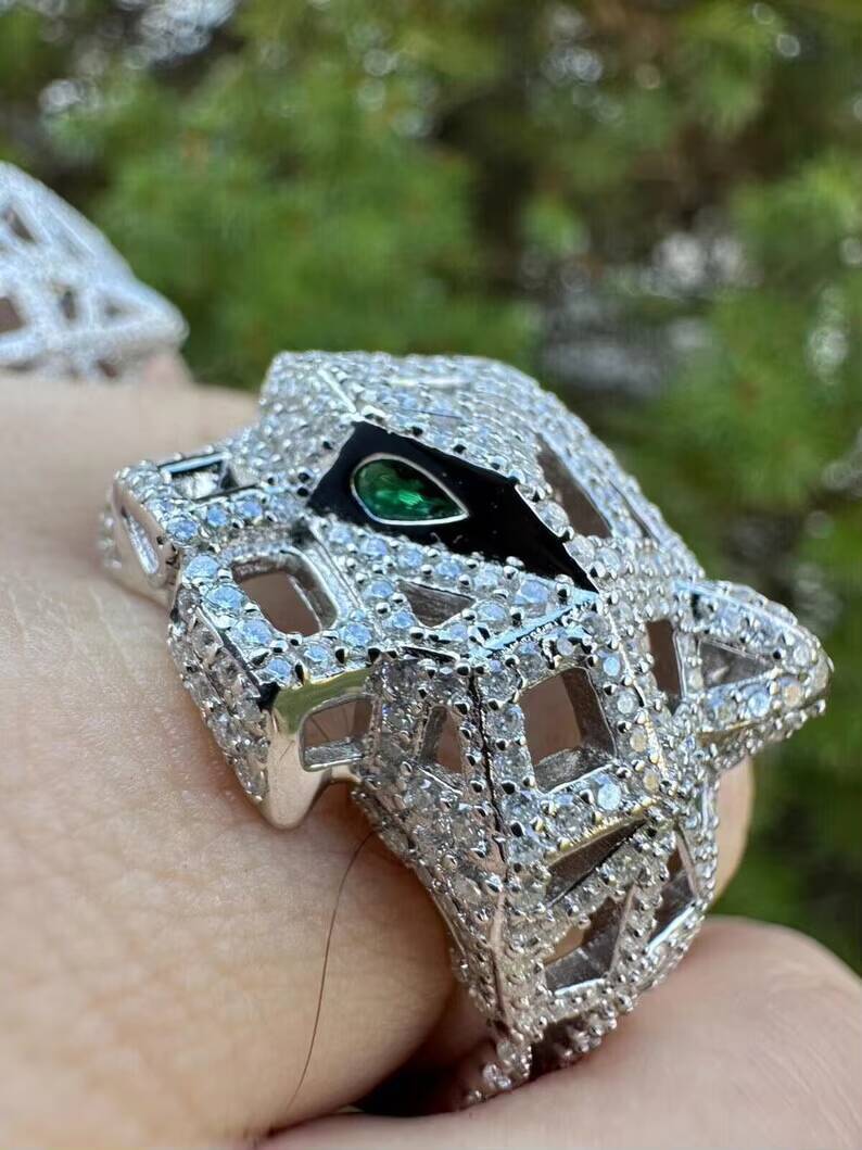 Moissanite and Morganite Geometric Panter Ring IGI Certified Real Solid 925 Silver for Mens Hip Hop Look Wedding Party