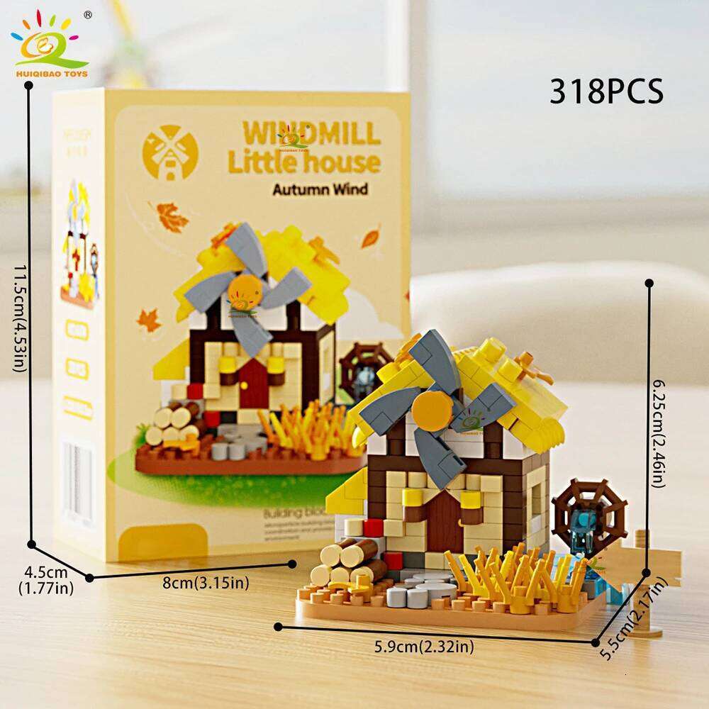 HUIQIBAO Cute MOC Windmill House model Micro Building Block Street View Model Mini Brick Toy for Children Desk Home Decoration Z260306