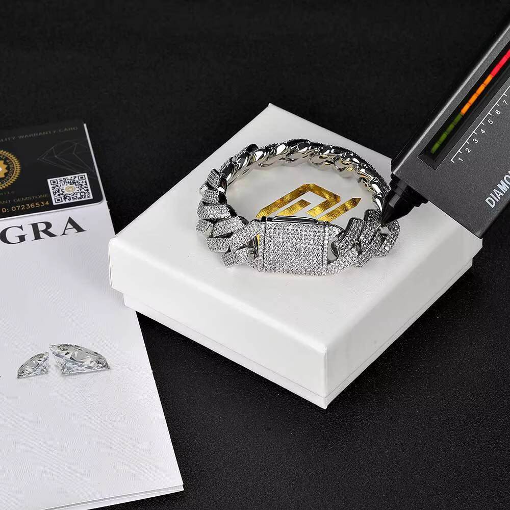 Wholesale 925 Silver Mosan Moissanite Bracelet European American Hip-Hop Style 20mm Cuban Chain Mens Diamond Bangle