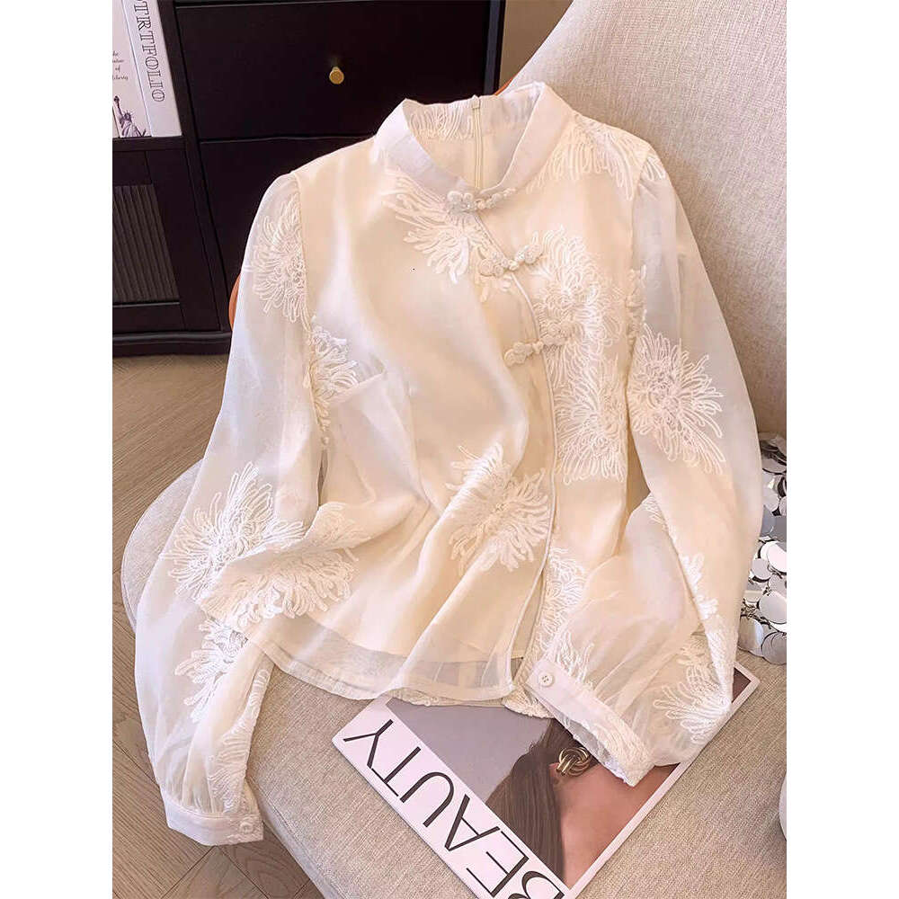 Mardi Hefxessdr 2026 Spring Women Stand Collar Vintage Beige Black Embroidery Flower Top Shirt , Woman Casual Tops Shirts style shirt women's clo