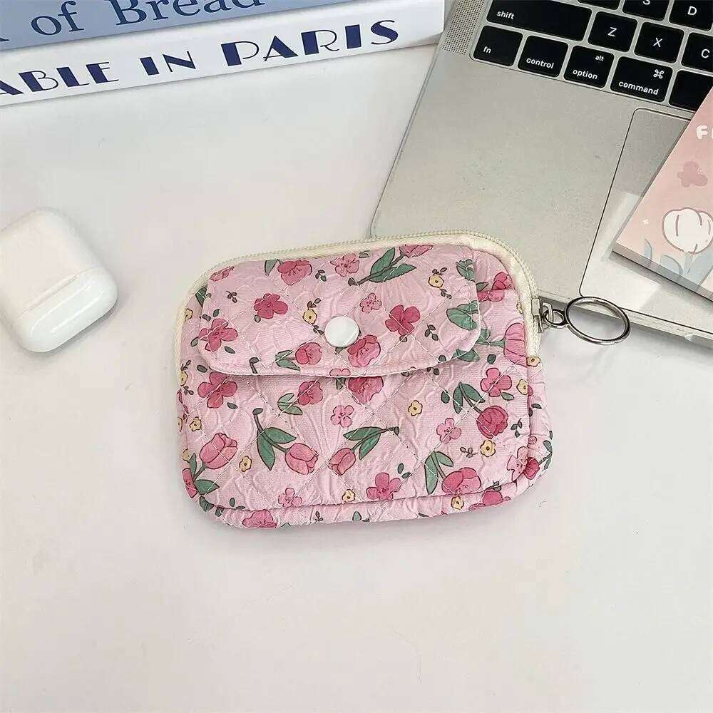 Flower Floral Coin Purse Pinted Korean Style Small Makeup Lipstick Large Capacity Card Holder Mini Canvas Storage Bag C260304