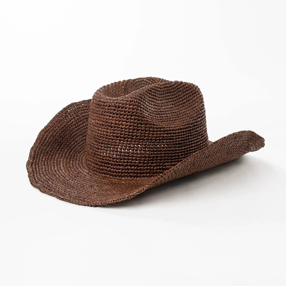Hand-woven Crochet Natural Raffia Sun Hat Summer Simple Western Cowboy Hats with Curled Brim Beach Sun Protection Straw Hats 260228