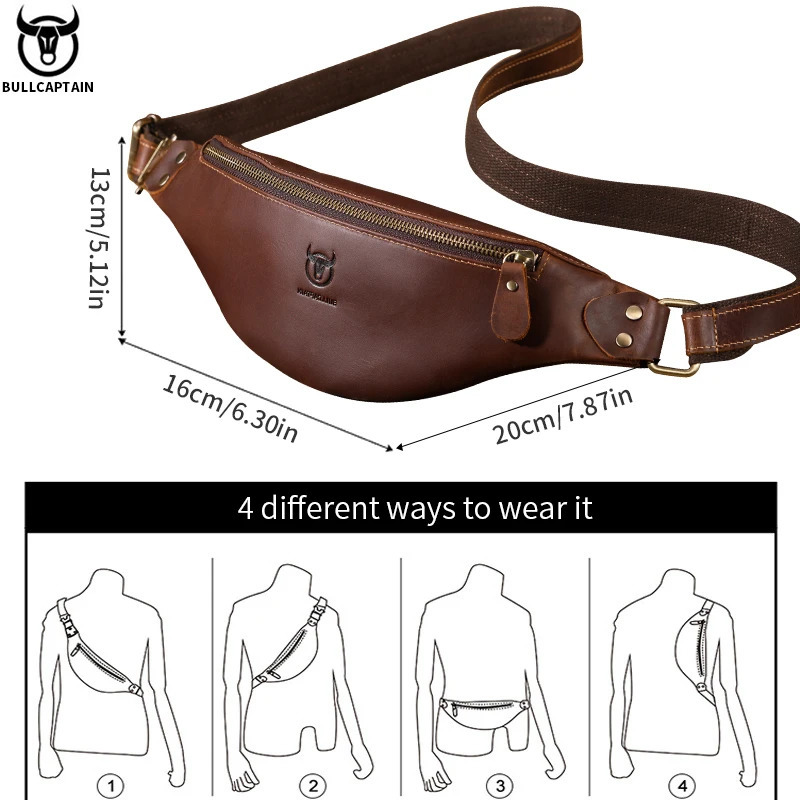 BULLCAPTAIN Mens Crazy Horse Leather Belt Bag Classic Retro Crossbody Outdoor Storage Mountaineering Mobile Phone 260227
