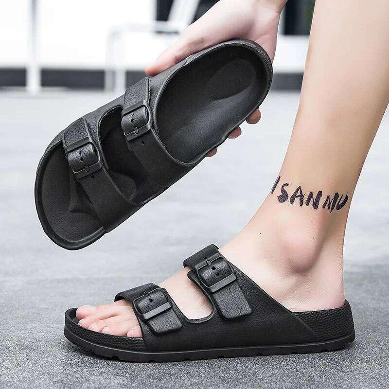 Litfun Women Summer New Fashion Double Buckle Outdoor Non-slip Beach Shoes Soft EVA Sandals Couple Casual House Slides
