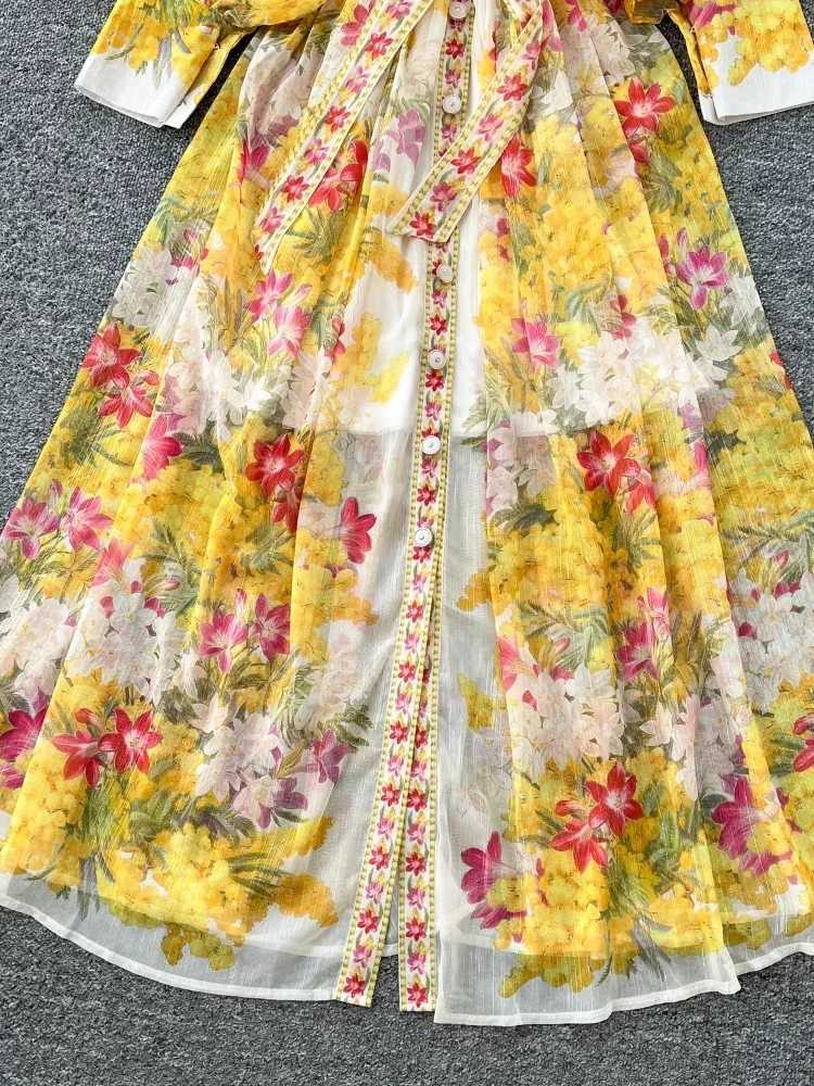 Spring France Elegant Vintage High End Evening Dress Women Sashes Print Button Long Party Dress Female Casual Holiday Clothing X260306