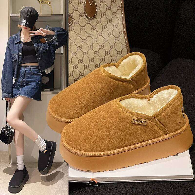 Litfun Fuzzy Lining House For Women Winter Warm Fur Fluffy Slippers Outdoor Antiskid Plush Thick Sole Cotton Shoes
