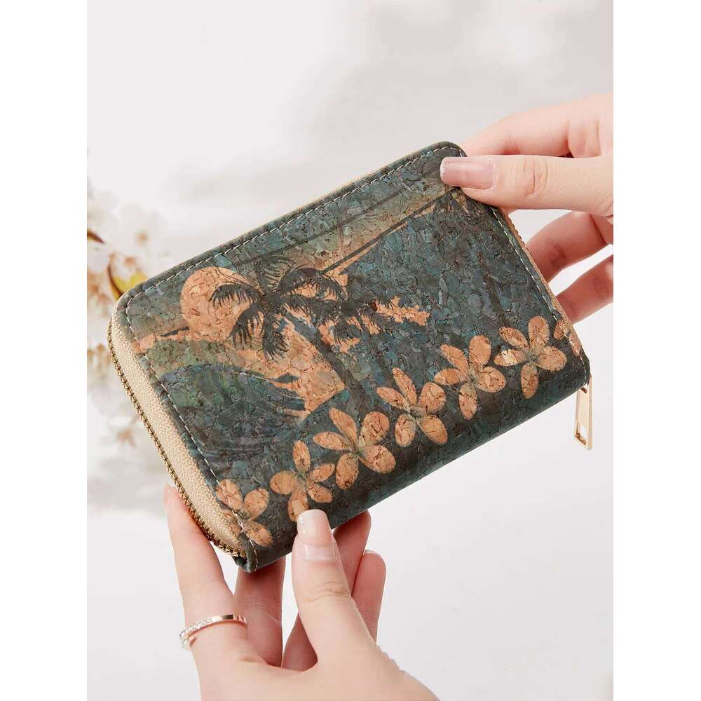 Retro Printed Short Zipper Portable PU Leather Bag Multi functional Slot Women's Card Set Zero Wallet C260304