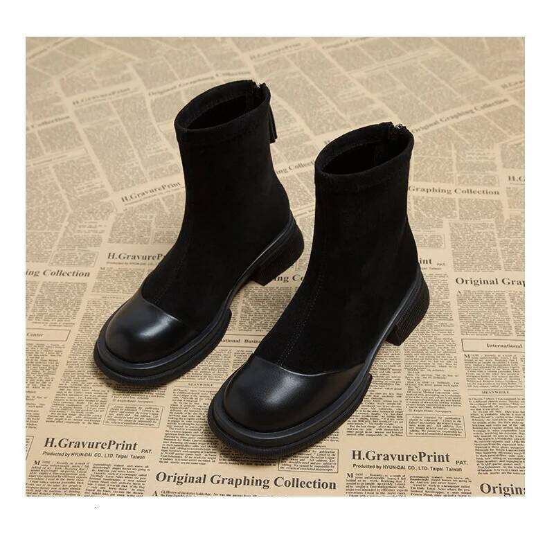 2025 Autumn New Women's Ankle - Retro Panel Round Toe Side Zipper Chunky Heel Fashion Short Boots for Women