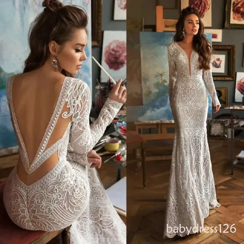 Customized Deep V Neck Lace Mermaid Wedding Dress Backless Long Sleeves Sweep Train Boho Bridal Gown Custom Made Bohemian