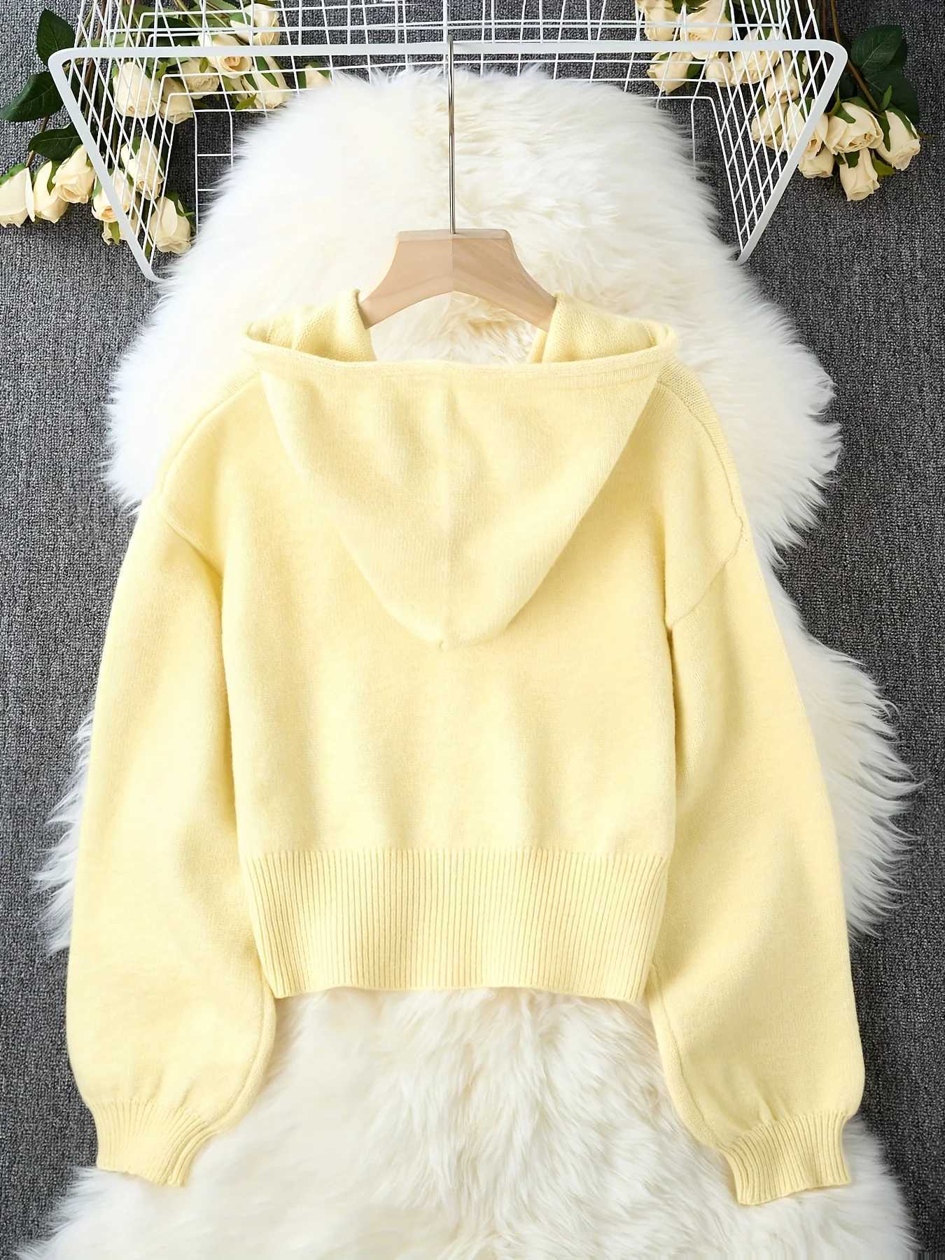Womens yellow loose hooded knitted cardigan spring autumn solid color versatile casual knitted sweater coat M260306