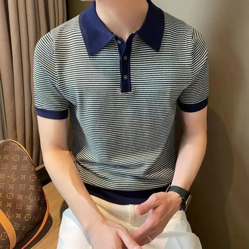 Summer Fashion Smart Casual Trendy Ice Silk Knit Polo Shirt Mens Panelled Stripe Lapel Button Versatile Short Sleeved Top 260304
