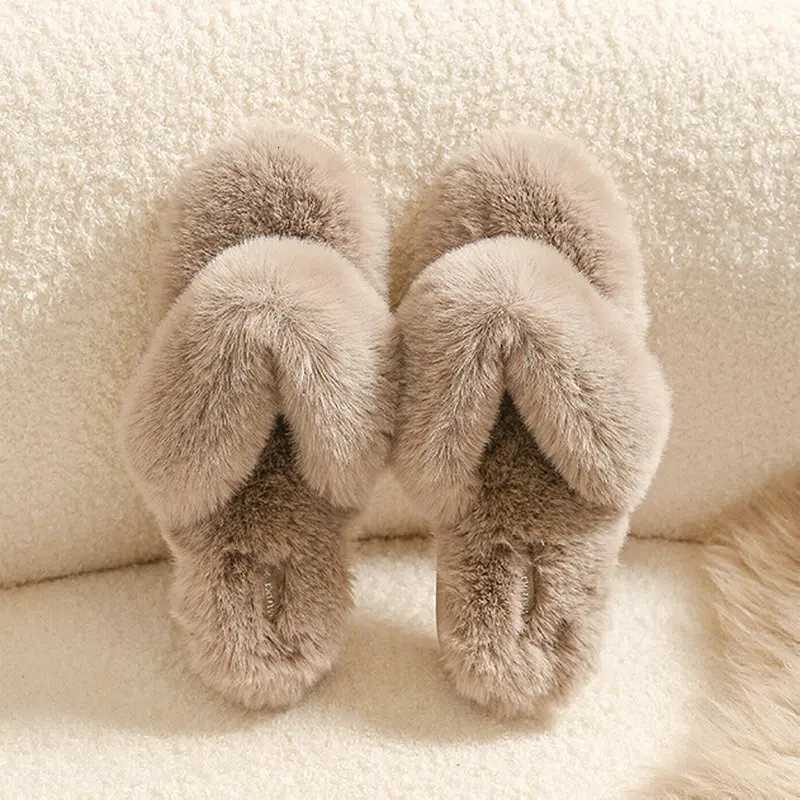 Winter Keep Warm Women Fur Furry Slippers Soft Slides Flats Heel Non Slip Indoor House Flip Flops Shoes Female Slippers S260305