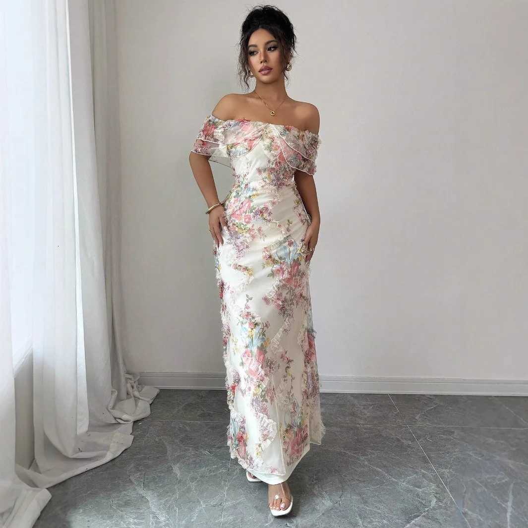 Elegant and romantic ruffled off-the-shoulder waist-cinching tight mesh floral dress for women X260306