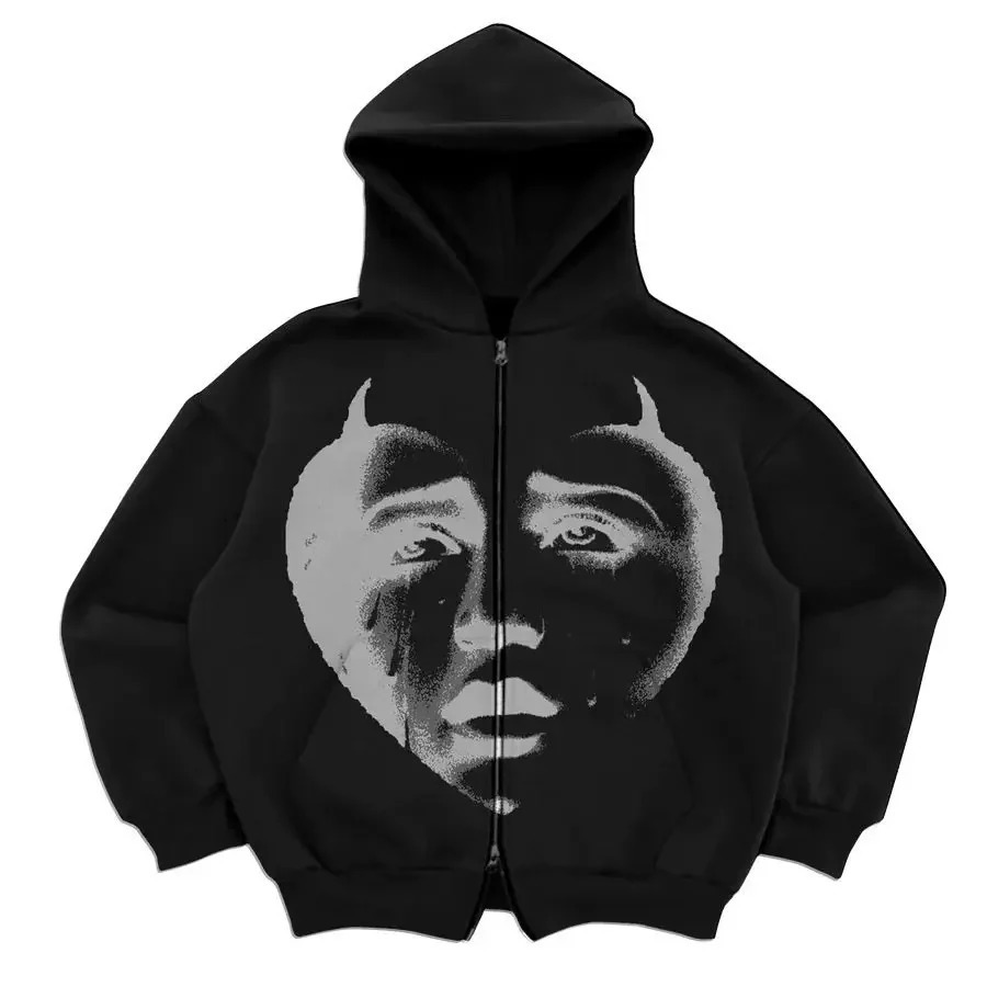 Hip Hop Gothic Retro High Street Baggy Zip Up Hoodie Y2k Graphic Print American Zipper Hoodie Mens and Womens Sweatshirt 260228