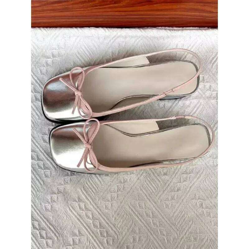2025 Summer Sliver Boat Square Toe Slip on Flat Shoes for Woman Ballet Flats Comfortable Bow Women's Sandals