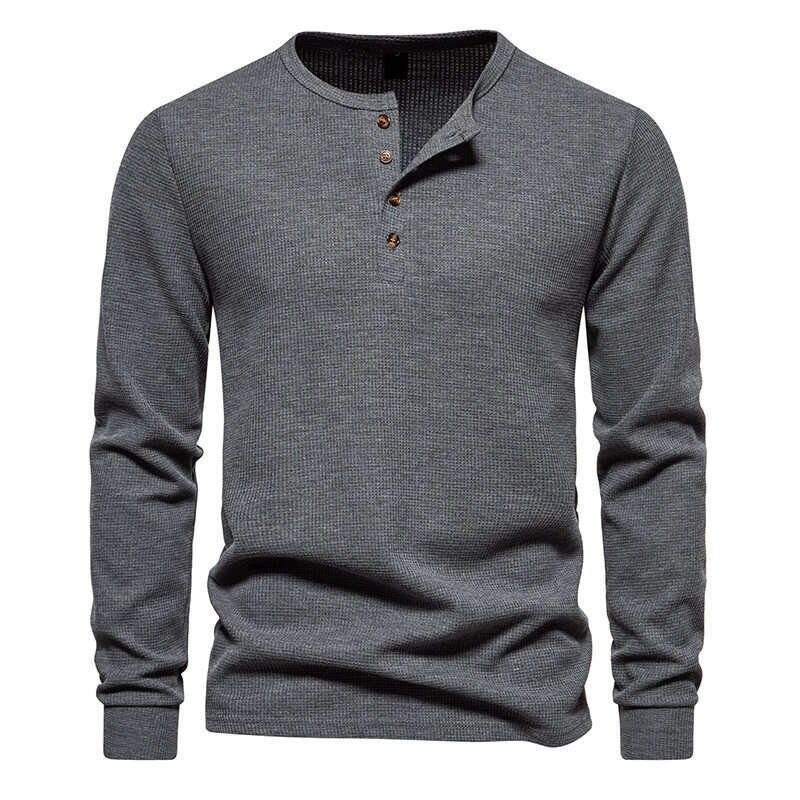 Amazon's new autumn and winter for men, four-button waffle knit Henry collar men's long-sleeve T-shirt