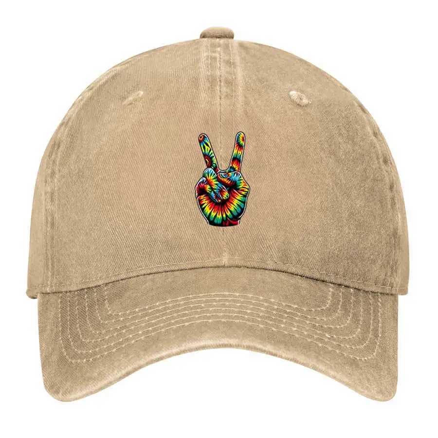 Tie-Dye Peace Sign Hand Gesture Baseball Cap Vintage Washed Cotton Adult Adjustable Cap S260306