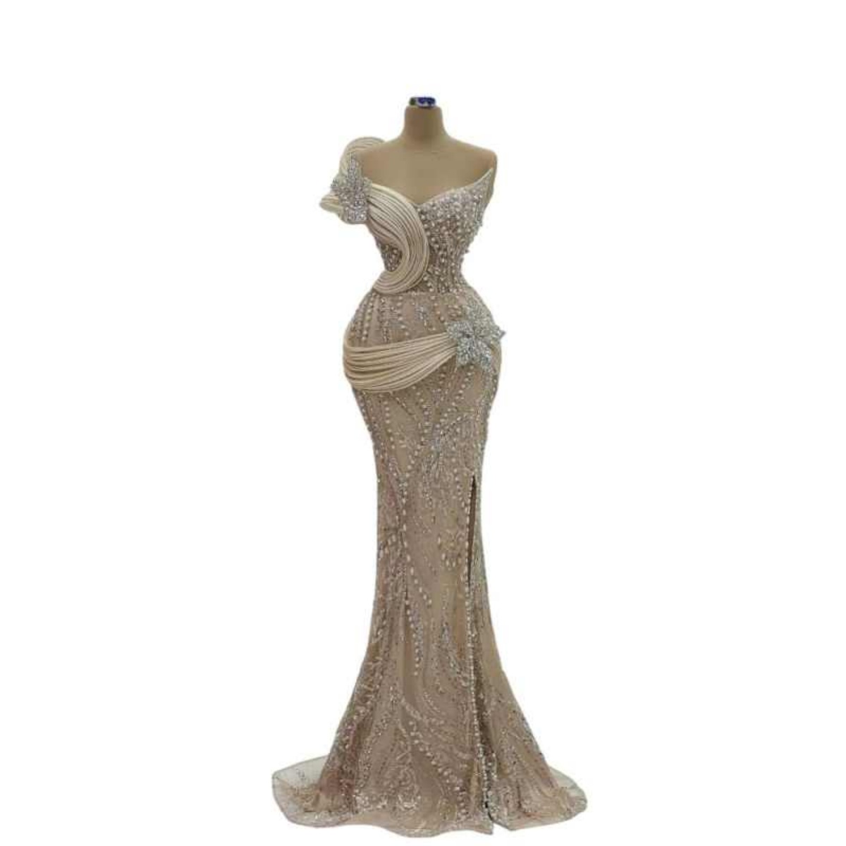 New Mermaid Evening Dresses One-Shoulder Sleeveless Crystals Pearls Prom Party Dresses With Side Slit Customized