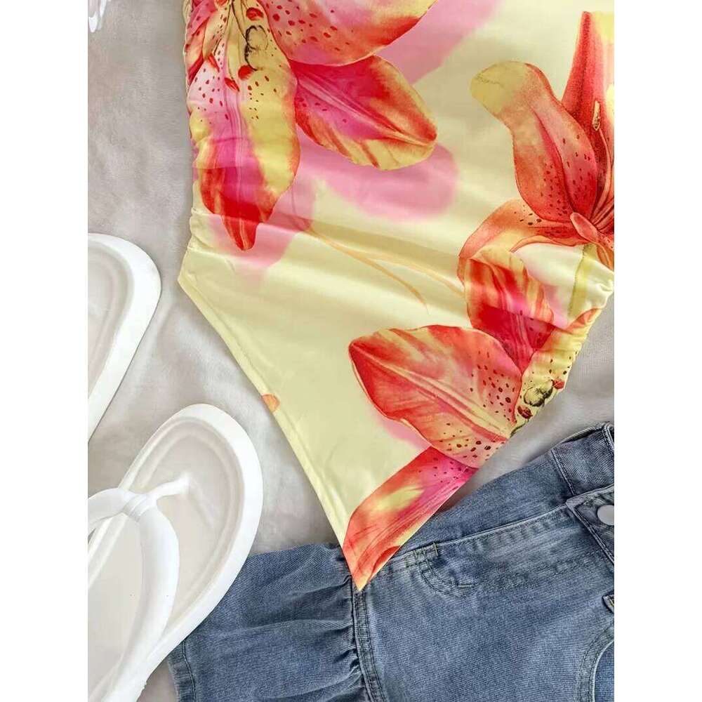 Short top, women's red printed one shoulder asymmetrical - sleeveless, ruffled hem, summer fashion top
