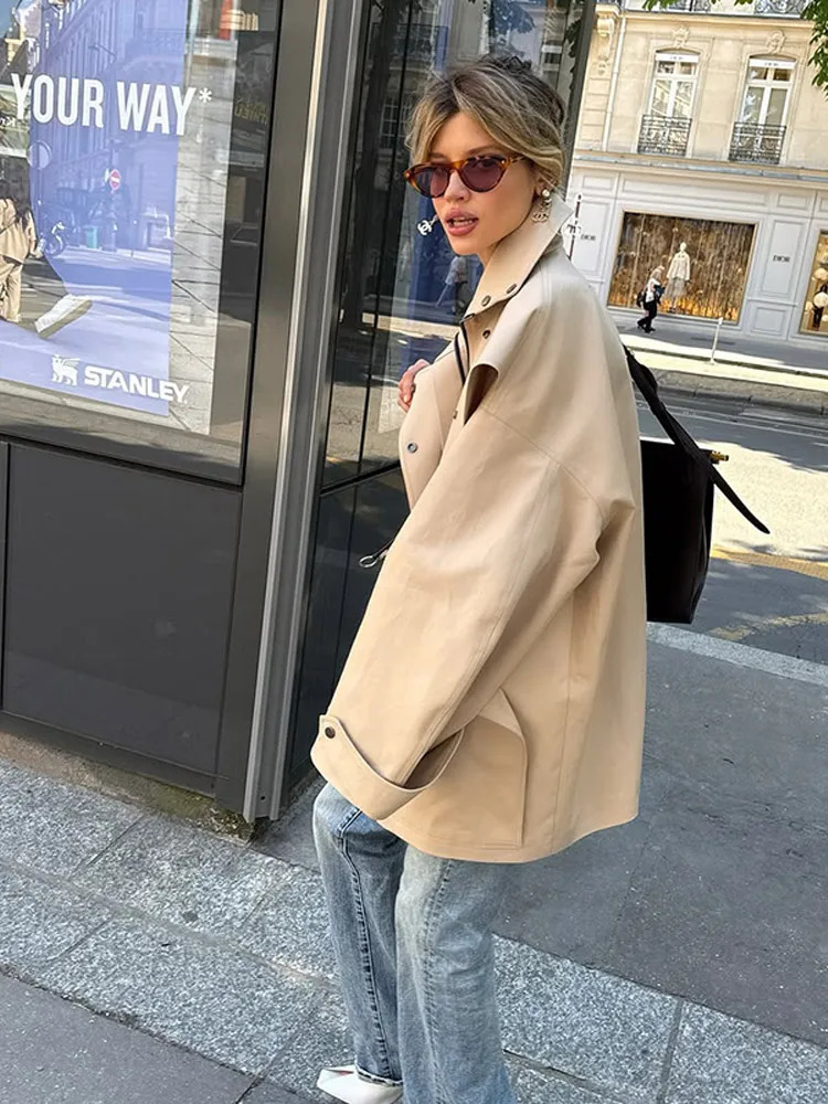 Women Buttons Waist Cinching Windbreaker Solid High Neck Long Sleeve Singlebreasted Trench Coat Lady Autumn Street Outerwear 260228