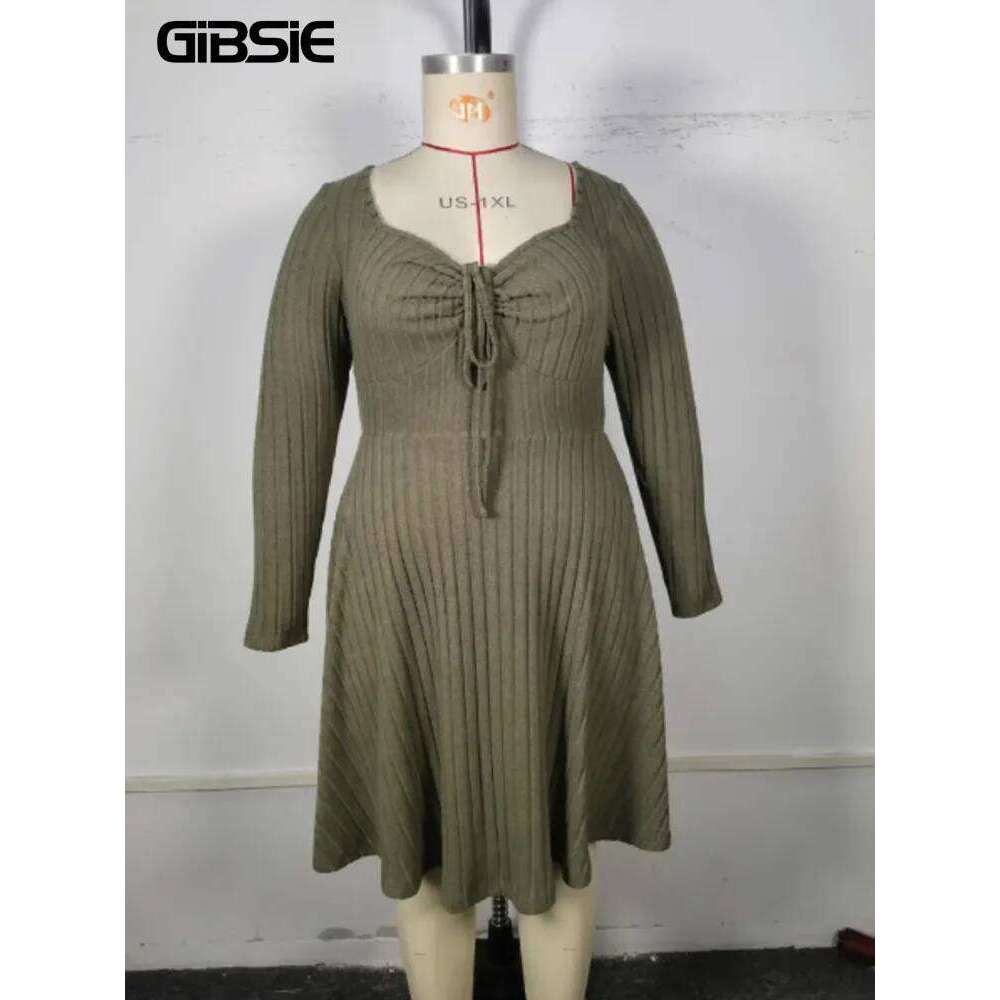 GIBSIE Plus Size Sweettheart Neck Knot Front A-Line Dress Women Fall New Vintage Long Sleeve Ribbed Knit Casual Winter Dresses