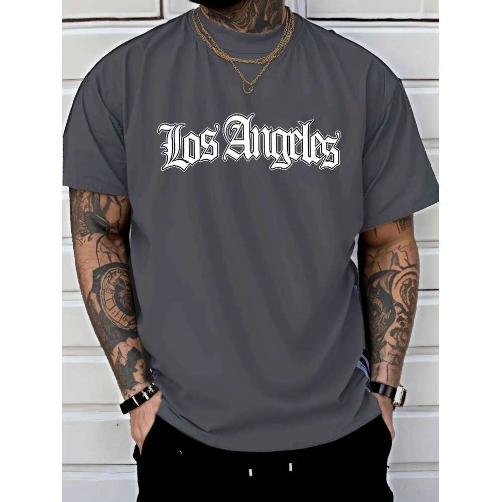 New men's casual polyester fabric breathable round neck T-shirt with letter print pattern suitable for outdoor shopping wear 26H0306