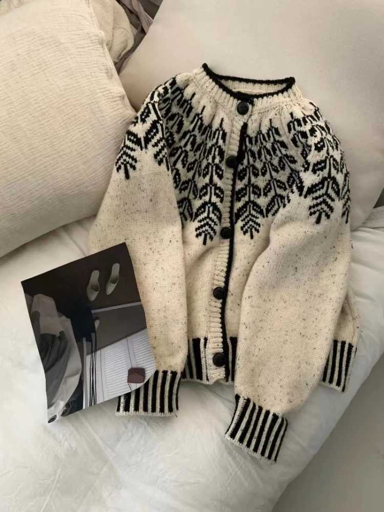 Zjaiss Autumn Winter Lazy Style Loose Long Sleeves O-neck Single-Breasted Knitted Cardigan Korean Retro Jacquard Women Sweater M260306